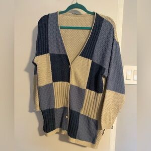 Blue and Cream Checkered Women's Sweater